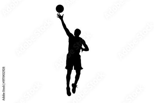 Silhouette of a Basketball Player: A striking silhouette of a basketball player in mid-action, reaching for the hoop. Capturing the essence of sports and athletic achievement.