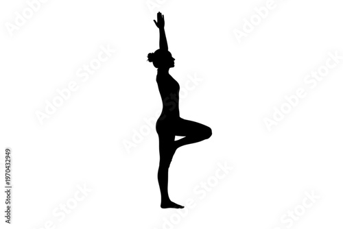 Silhouette Yoga Pose: A sleek, black silhouette showcases a woman in a graceful tree pose, embodying balance and serenity against a clean background, highlighting the elegance of yoga.