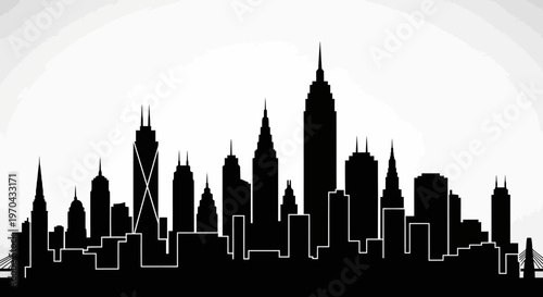Black and white silhouette of a modern city skyline with towering skyscrapers and urban buildings. Generic cityscape illustration.