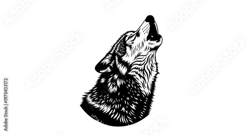 Majestic howling wolf head vector illustration in black and white. Stylized wild animal artwork with expressive fur texture.