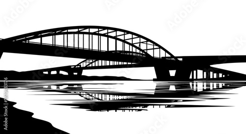 Silhouette of a modern arch bridge reflecting on calm water, black and white graphic illustration of an iconic architectural structure