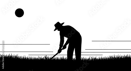 Silhouette illustration of a farmer or gardener working in a field under the sun, performing agricultural labor with a tool, rural farming concept.