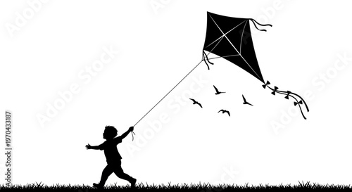 Silhouette of a young child flying a kite with birds in the sky, representing freedom, joy, and outdoor fun