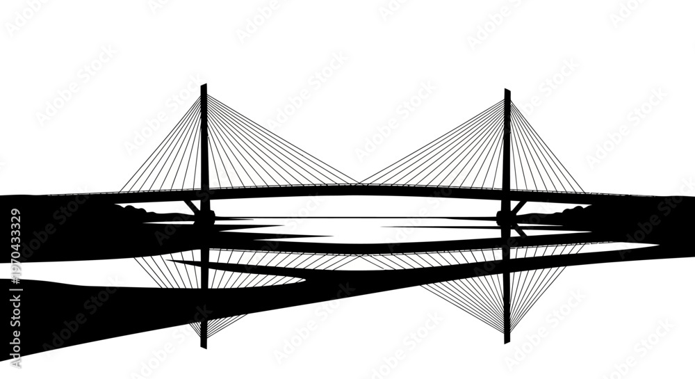 Fototapeta premium Modern cable-stayed bridge silhouette with reflection over water, minimalist black and white architectural design.