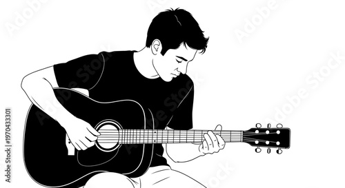 Young man playing acoustic guitar, a focused musician enjoying his musical hobby. Black and white vector illustration.