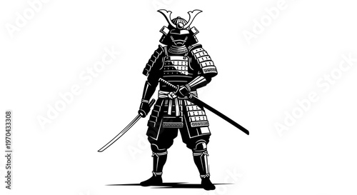 Strong Japanese Samurai Warrior in Traditional Armor Holding a Katana Sword, Detailed Black and White Hand-Drawn Illustration