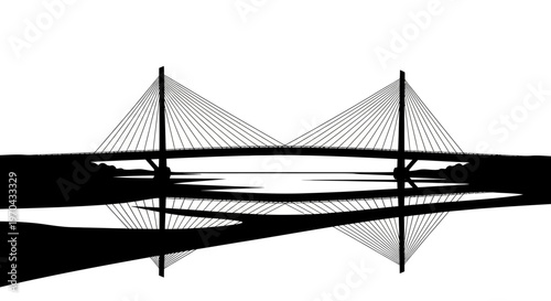 Modern cable-stayed bridge silhouette with reflection over water, minimalist black and white architectural design.