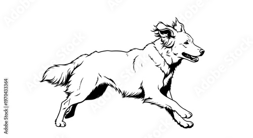 Energetic Running Dog Line Art Illustration on White Background, Black and White Dynamic Pet Sketch, Canine in Motion Drawing