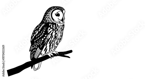 Majestic owl illustration in black and white, perched on a branch. Detailed vector art of a nocturnal wild bird.