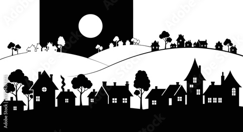 Black and white silhouette of a charming village at night under a full moon with rolling hills and trees.