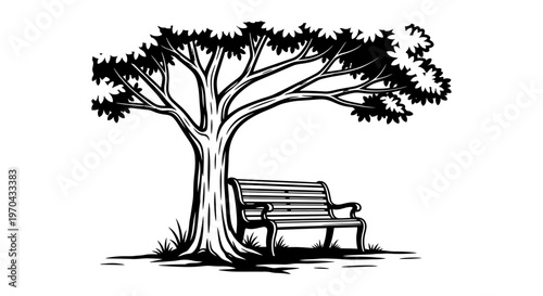 Black and white woodcut style illustration of a peaceful park bench under a large shade tree in a tranquil nature scene