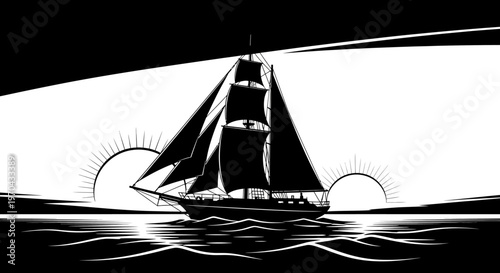 Majestic sailing ship silhouette on the ocean at sunrise or sunset. Black and white tall ship cruising through waves.