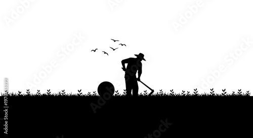 Classic silhouette of a farmer cultivating a field with a hoe, surrounded by young plants and flying birds, depicting agricultural work.