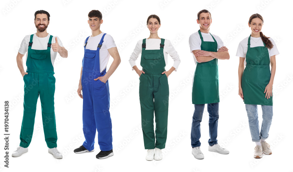Obraz premium Cleaning service workers in uniforms. Portraits on white background