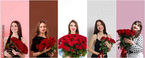 Attractive women with bouquets of roses on colorful backgrounds. Collection of portraits