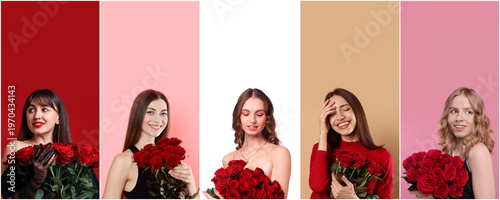 Attractive women with bouquets of red roses on colorful backgrounds. Collection of portraits