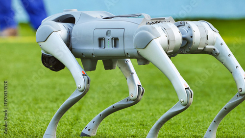 фотографія Unitree quadruped robot walking on green grass showcasing future artificial inte