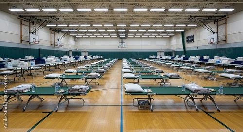 empty evacuation shelter with neatly arranged cots and supplies, indoor gymnasium setting