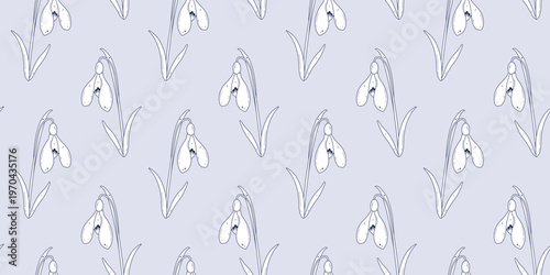 Snowdrop flower seamless pattern. Simple hand drawn line flower, symbol of spring. Vector background