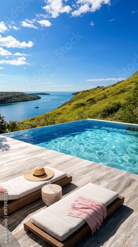 Vacation Spot With Pool and View of Water and Hills on a Sunny Day