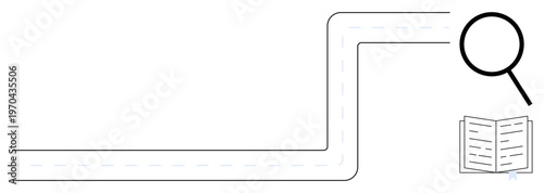 Winding road connecting a magnifying glass and an open book, symbolizing research, learning, discovery, and navigation. Ideal for education, analysis, focus, goal setting and guidance as a simple