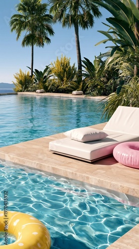 Vacation Spot With Pool and View of Water and Hills on a Sunny Day