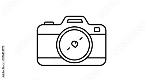 Love Photography Icon. Digital Camera with Heart Symbol Line Art. Minimalist Outline for Social Media, Hobby, Memories, and Creative Content.