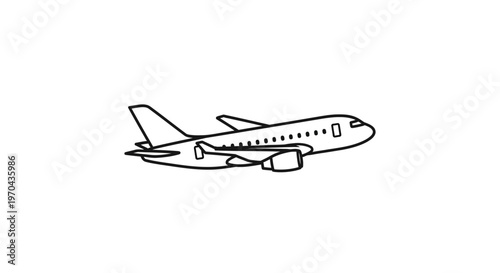 Simple black and white line art illustration of an airplane in flight, perfect for travel, aviation, and transport icons or designs.