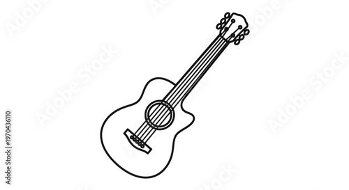 Acoustic Guitar Line Art Illustration, Musical Instrument Outline Icon, Black and White Graphic for Hobbies and Music