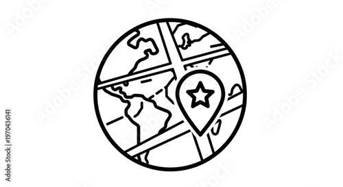 Global map with star location pin icon. World navigation, travel destination, pinpoint, place, geography symbol.