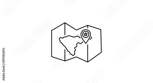 Favorite Location Map Pin Icon. Outline navigation symbol with star marker on a folded map, representing travel destination.
