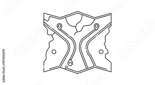 Vintage folded map with winding routes and location markers, line art vector illustration for travel, navigation, and planning.