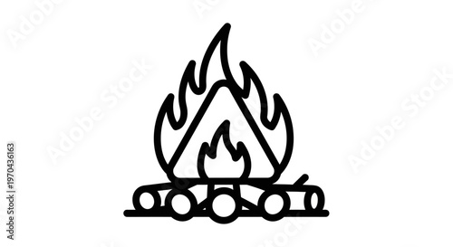 Minimalist black outline icon of a burning campfire with logs and flickering flames, perfect for outdoor, camping, or warming concepts