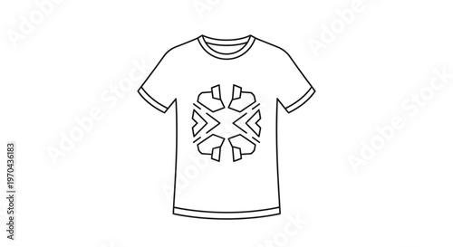 Minimalist line art illustration of a short-sleeved t-shirt featuring a stylized symmetrical abstract pattern on the chest.