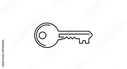 Black and white outline key icon. Simple line art symbol representing security, access, solution, unlocking, or privacy concept.