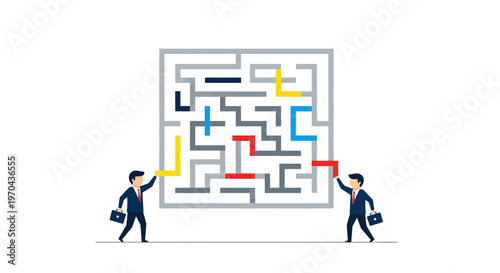 Two businessmen working on a maze.