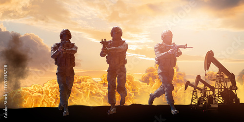 Three armed soldiers advancing through burning oil field with pump jacks at dramatic sunset — 3D render war concept
