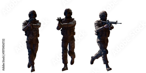 Armed military soldier running and aiming rifle isolated 3D render concept