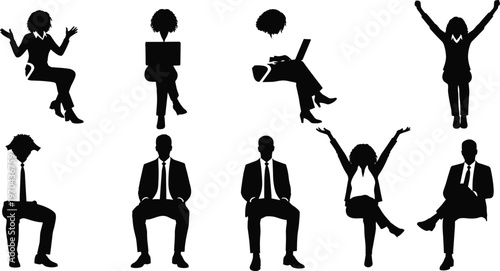 Black silhouettes of business people collection featuring professional men and women sitting and working on laptops with various expressive office poses on white background.