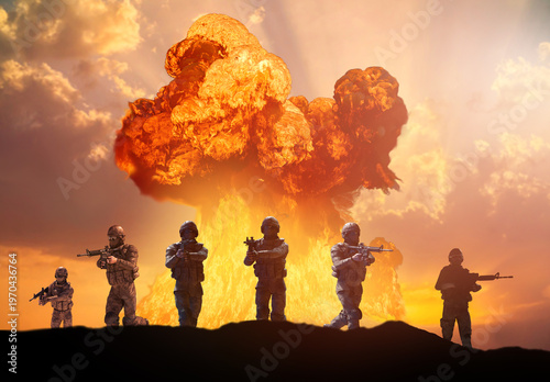 armed military soldiers in full combat gear walking through explosion and fire — 3D render war concept