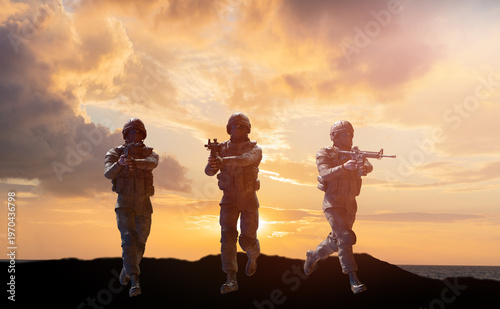 Wallpaper Mural Three armed military soldiers running with rifles against dramatic golden sunset sky — 3D render war concept Torontodigital.ca