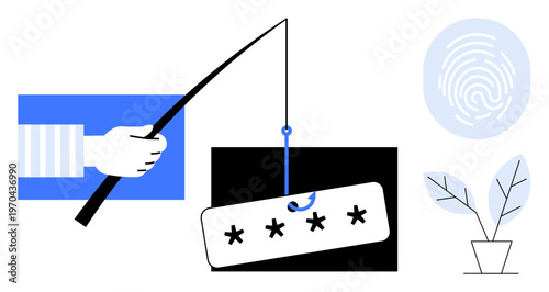 Cybersecurity, online fraud, password protection, data theft, identity verification, phishing prevention. Hand holding fishing rod with hooked password, fingerprint icon and plant. Cybersecurity