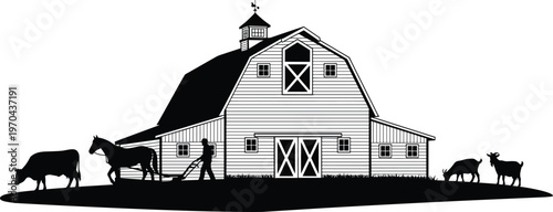 Vintage black barn silhouette illustration featuring farm animals like horse cow and goats with farmer plowing field isolated on white background for agricultural design.