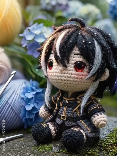 Crochet Doll with Black and White Hair and Red Eyes in Black Uniform