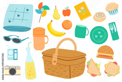 Collection of picnic items including basket, food, and drinks in a simple clean style. Bright colors and minimal shapes create a summer outdoor mood. 