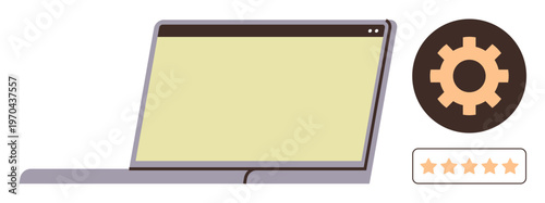 Business tools, technology reviews, user ratings, software optimization, digital work, online services. A laptop with a blank screen, a gear icon and a five-star rating. Business tools