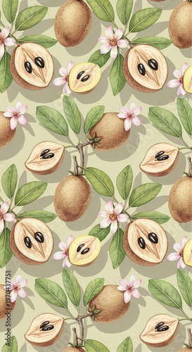 The artfully crafted image showcases a seamless pattern of sapodilla fruit, beautifully complemented by delicate blossoms and verdant leaves.