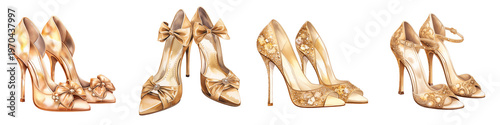 Assortment of elegant golden high heels shoes against a black background
