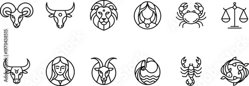 A collection of zodiac signs in simple line art style on a white background