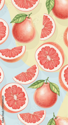 A vibrant artistic illustration showcases a pattern of appetizing grapefruits, each radiating a fresh, healthy appeal.